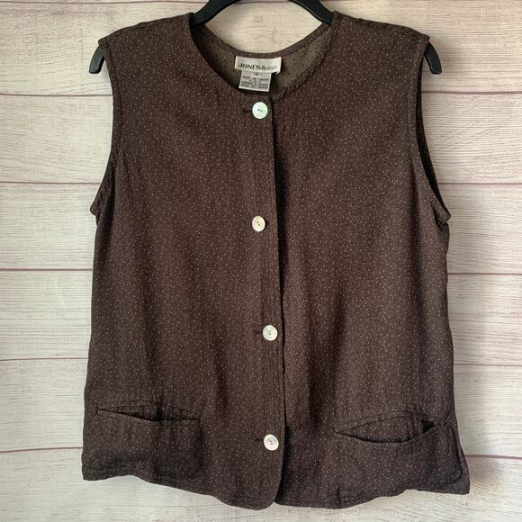 Vintage Jones & Co Brown Button Up Vest 90's Sleeveless Top Polka Dot Size M - Picture 1 of 11
